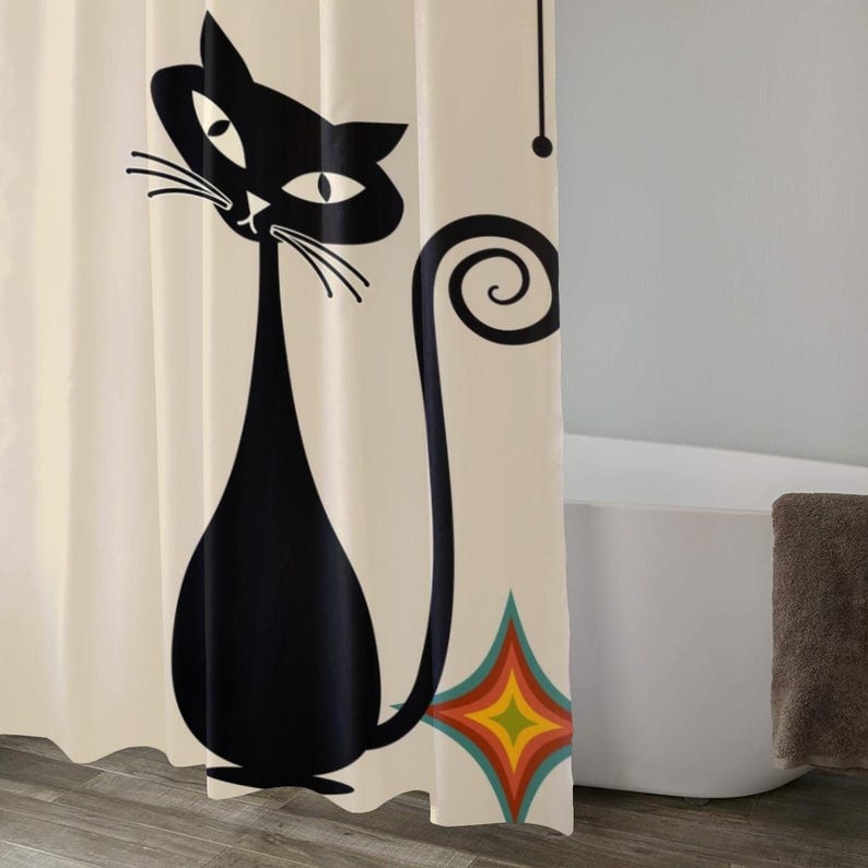 Atomic Cat Stripes And Star Shower Curtain, Retro, Mid Century Modern, Mcm Bathroom Decor, Kitschy, Black Cat Lover W60H190(CM)-1 Pcs
