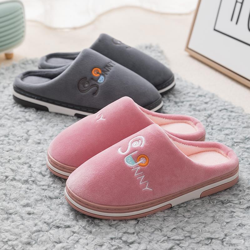 Large size cotton slippers men's autumn and winter indoor home non-slip velvet warm home cotton shoes women's candy color comfortable