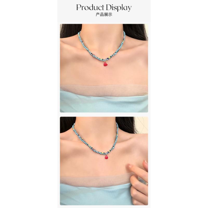 Vintage Blue Beaded Red Heart Ins Style Clavicle Necklace For Women