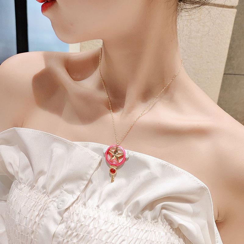 Sakura Pentagram Star Key Magic Staff Necklace Octagram Pendant Wings