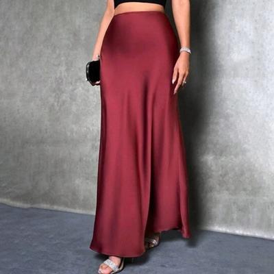 Yousheng Women Fishtail Skirt High Waist Solid Color Smooth Surface A-Line Maxi Skirt Work Leisure Daily Wear