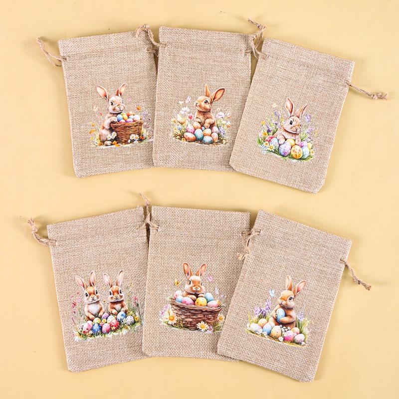 6Pcs Easter Linen Gift Bag Bunny Candy Cookie Packaging Bags Spring Easter Party Favor Supplies Kids Gifts Easter Decor 2026