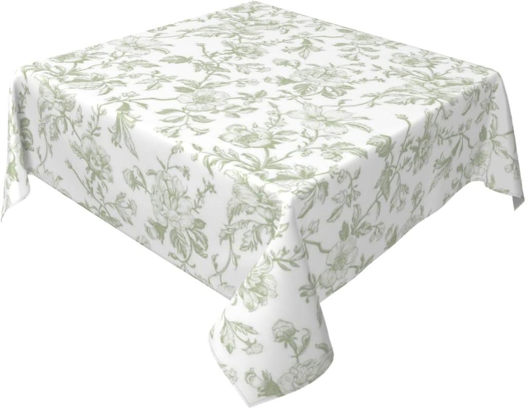 Sage Green Floral Square Tablecloth Chinoiserie Flower Toile Light Green Vintage Table Cloth Cover for Farmhouse Party Picnic