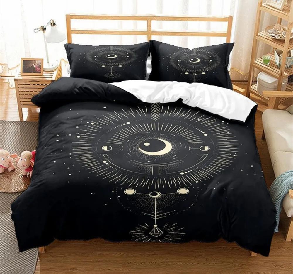 Black Sun Moon Star Bedding Set Bohemian Totem Line Duvet Cover Pillowcases Bedlinen Adults Bedclothes Twin Full Queen King Size