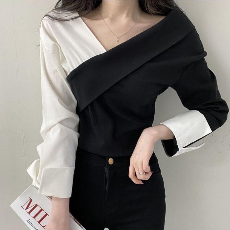Koreansk Chic Off-Shoulder Høst Retro Kontrasttopp for Kvinner