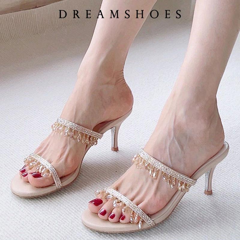 2025 Summer New Water Diamond Sexy High Heels Slim Sandals with Thin Heels High-heeled Stiletto Women's Mule
