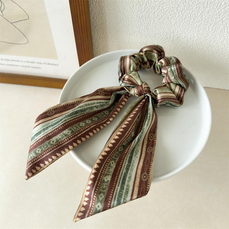Striped Ribbon Scrunchies Long Tail Hair Tie Boho Style Women Hair Accessory for Casual Weekend Look