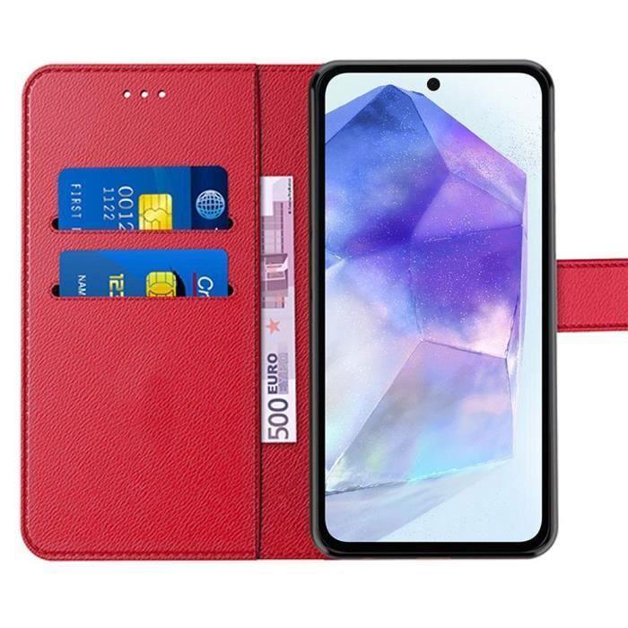 Coque de protection - samsung - galaxy a55 5g - rouge - effet cuir - antichoc avec support