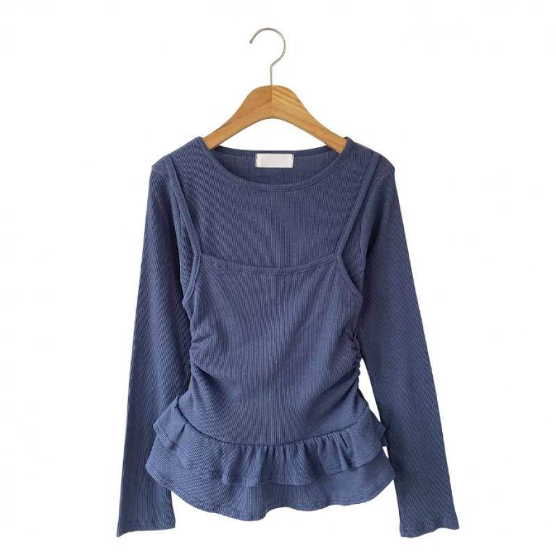New Arrivals Open Run Women Cotton Spandex Ribbed Layered Long Sleeve Tee
