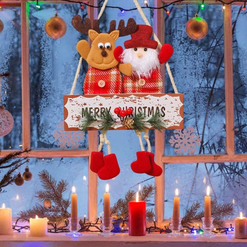 Festival Double Face Santa And Reindeers Hanging Decoration Outdoor Christmas Decorations