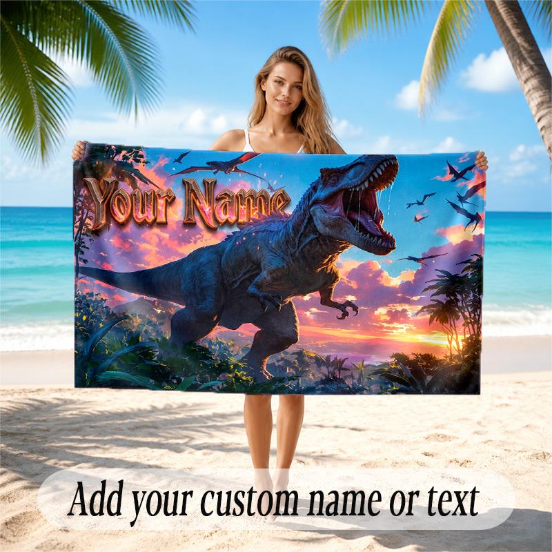 Dinosaur Theme Quick Dry Beach Towel Custom Name Text Print Large Sand Resistant Towel Beach Vacation