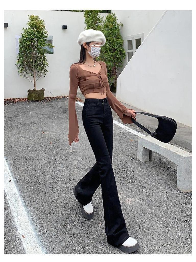 High-Waisted Blue-Gray Micro-Flare Jeans for Petite Women - 2025 Autumn Slimming Bell-Bottom Design
