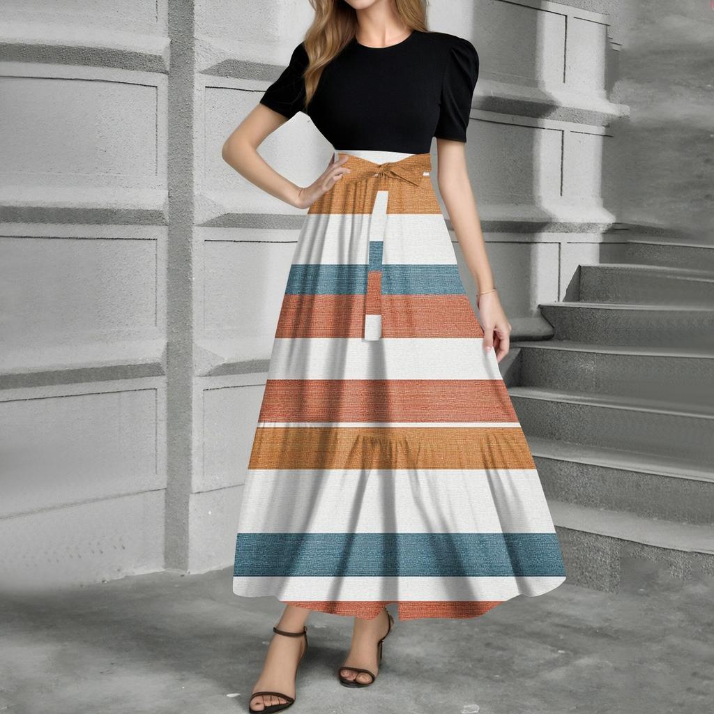 Women's Fashion Casual Belt Short Sleeve Round Neck Print Stitching Elegant Temperament Dress