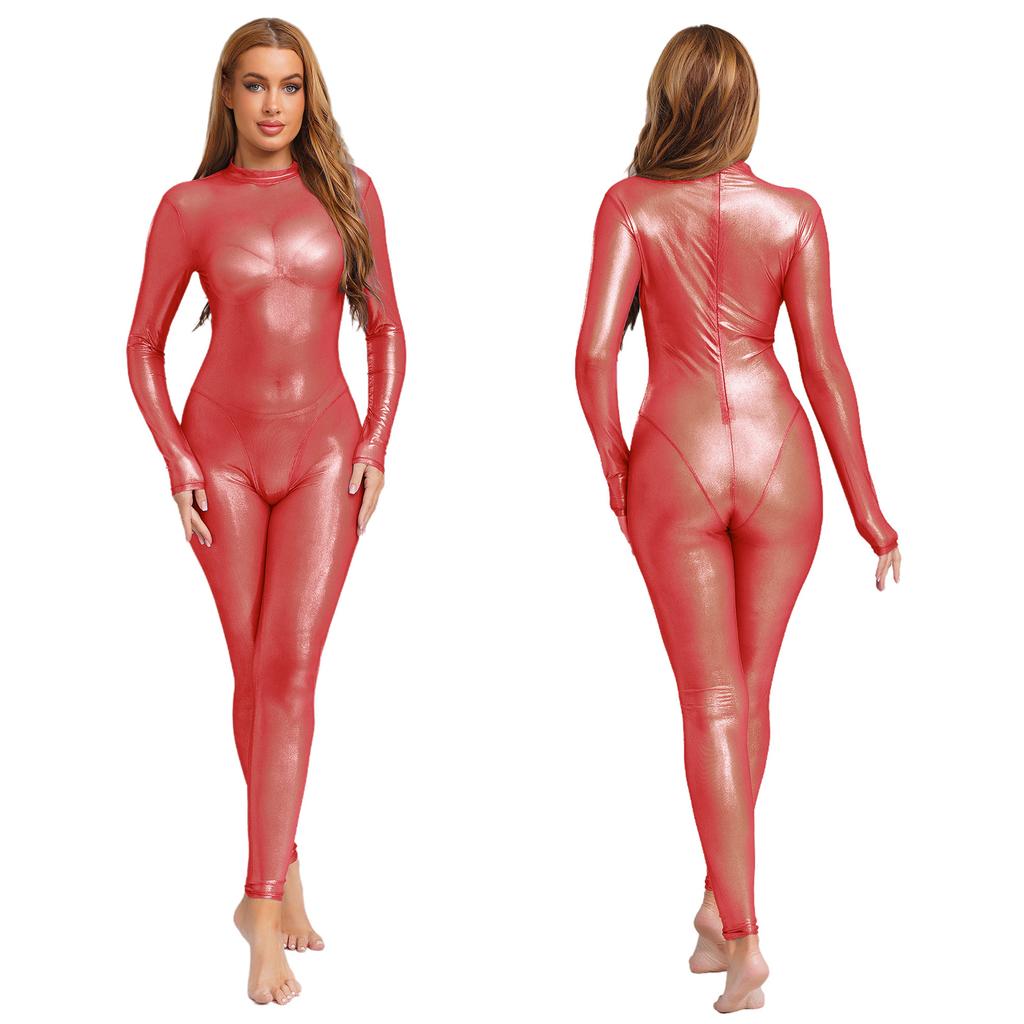 Womens Metallic Shiny Full Body Unitard Long Sleeve Long Pants Back Zipper Catsuit Bodysuit Leggings Tights Sheer Jumpsuit Clubwear Nightwear