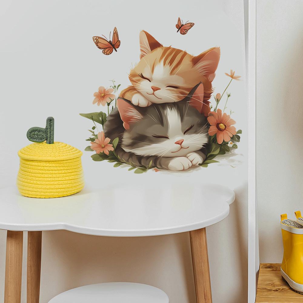 Ζεστά Γατάκια που Κοιμούνται Αυτοκόλλητα Τοίχου Αξιολάτρευτη Κινούμενη Εικόνα Γάτας για Ύπνο Τοιχογραφία για Παιδικό Δωμάτιο, Βρεφονηπιακό, Σαλόνι και Διάδρομο Διακόσμηση