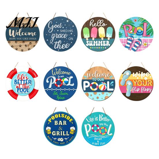 Beach House Decoration Summer Pool Wooden Hanging Sign, Weather Resistant Solid Wood Plaque with Sign Hemp Rope for Outdoor Party And Swimming Decor