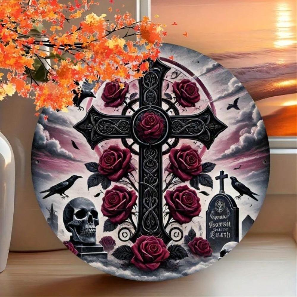 Vintage Gothic Metal Wall Art Tin Sign Halloween Skull Cemetery Decor