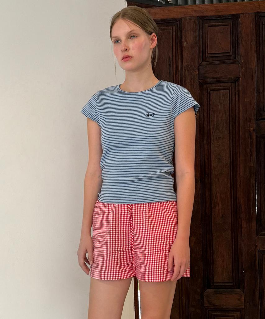 SINOON Stripe Cap Sleeve T-Shirt (Blue)