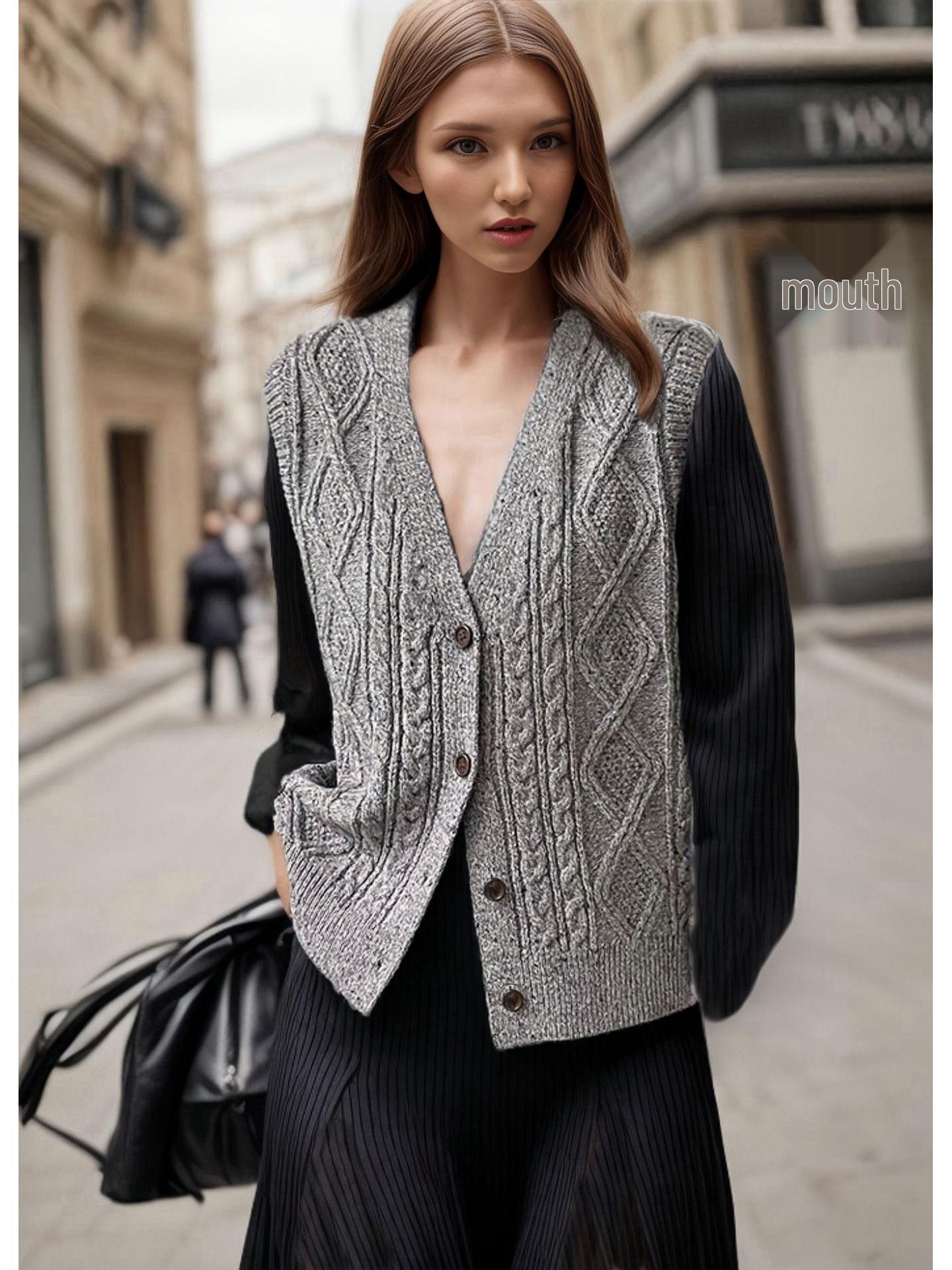 

Кардиган-жилет женский осенне-зимний с узором «крапинка», ромбовидным узором ретро, V-образным вырезом и без рукавов на пуговицах M серый