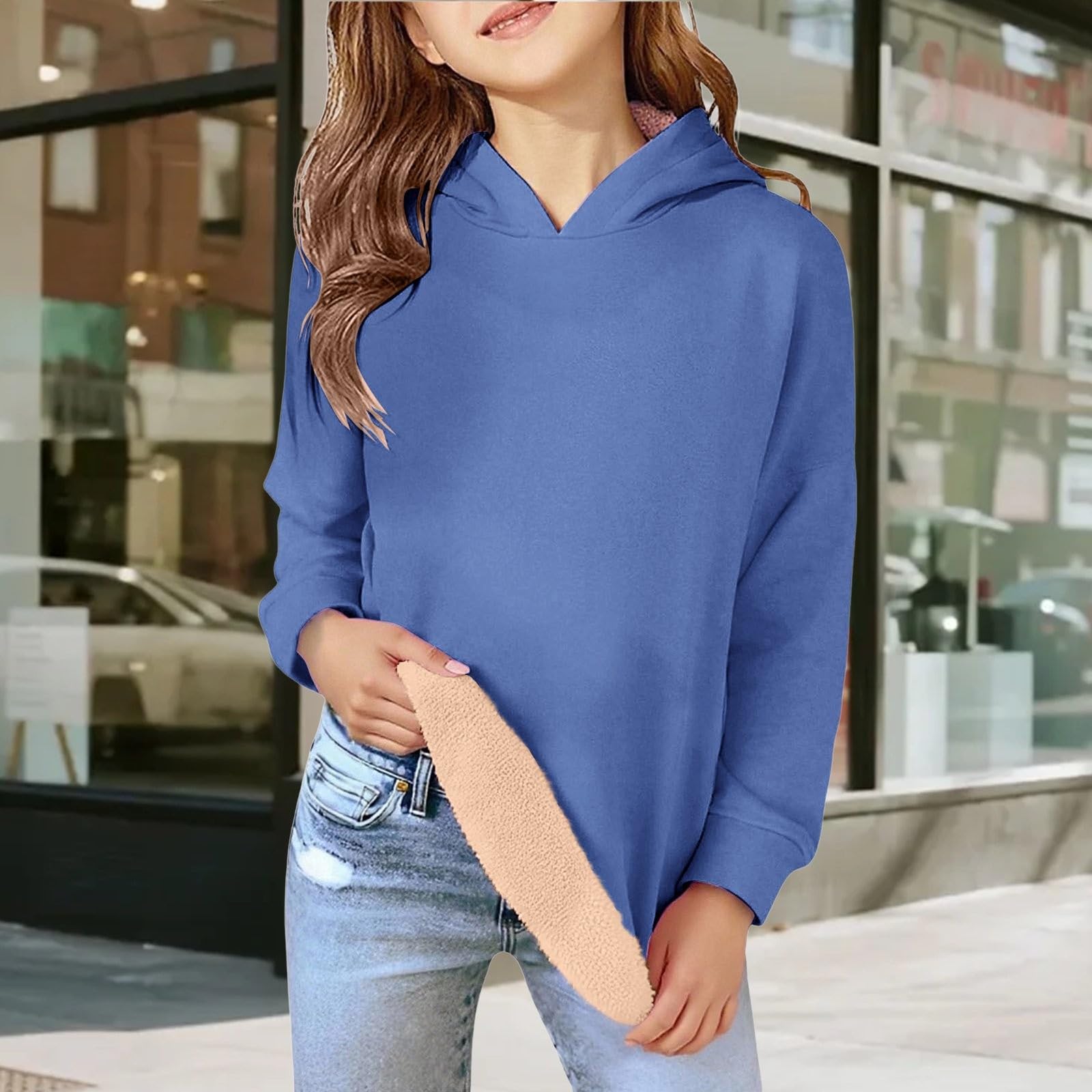 

Девичья толстовка с капюшоном на термофлисовой подкладке 110 синий