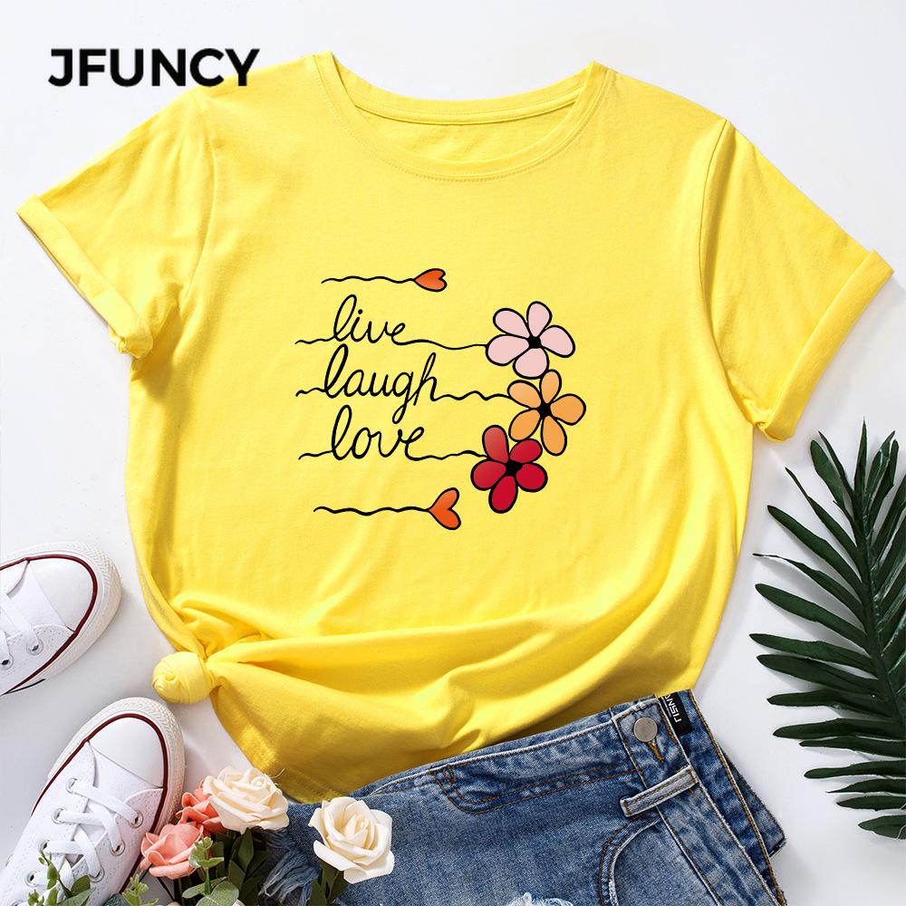 JFUNCY Women s T-shirt Cute Love Flower Print Loose T-shirt Short-sleeved Women s Casual T-shirt Summer Women s Top M