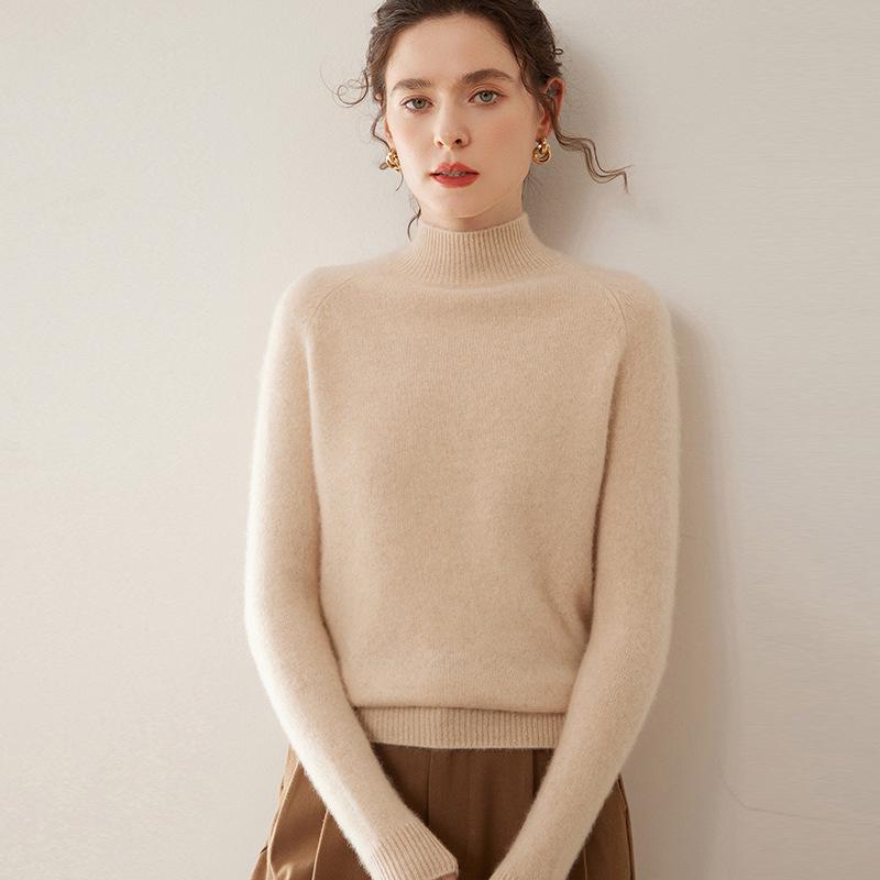 Women's 100% Pure Cashmere Soft Knit Sweater, Half-High Neck, Loose, Skin-Friendly, Slimming Base Layer