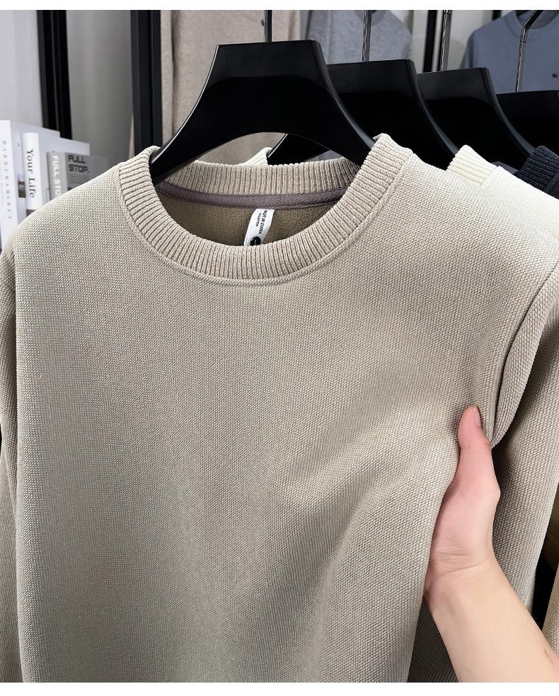 Men's Winter Warm Velvet Knit Pullover Sweater - Solid Color, Round Neck, Versatile Layer