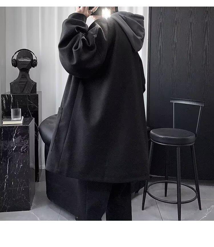 Men's British Style Hooded Wool Trench Coat, Mid-Length, Thick Cotton, Over-the-Knee Winter Jacket