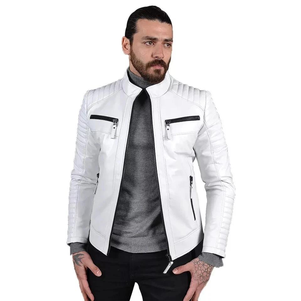 White Jacket Lambskin Biker Motorcycle Leather Handmade Genuine Men's Stylish