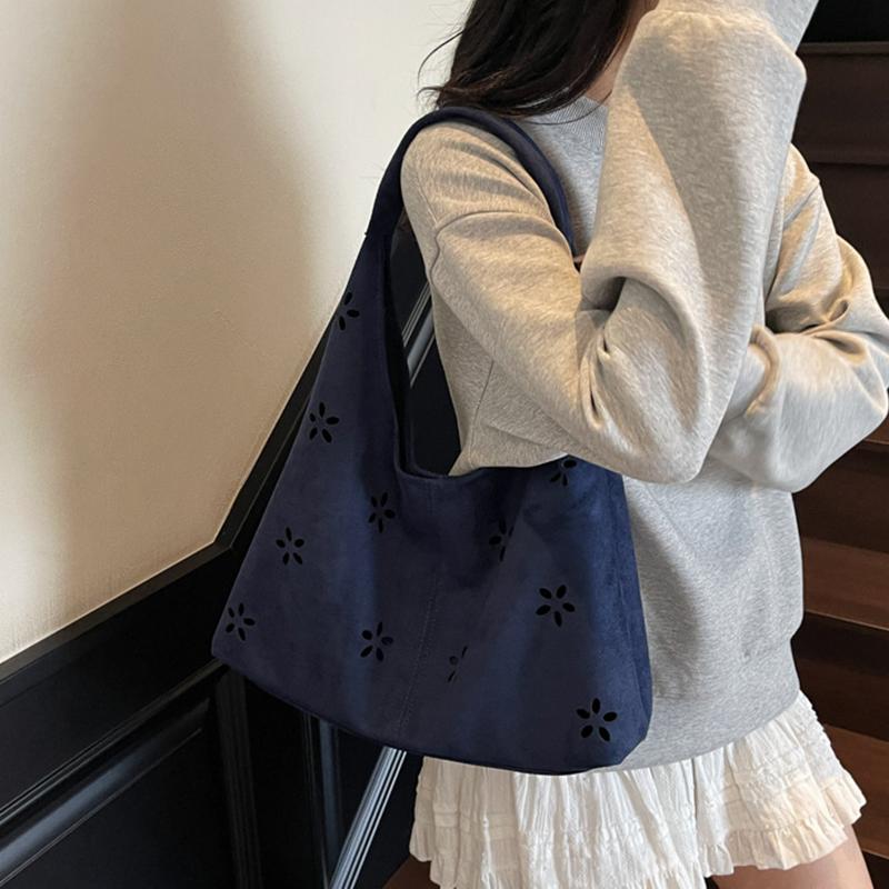 Faux Suede Women's Hollow Flower Shoulder Bags Matte Leather Female Underarm Bag Vintage Large Capacity Female Tote Handbags