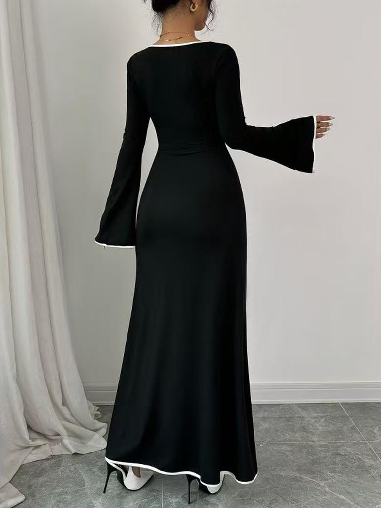 Robe Tricotée Élégante à Manches Longues Color Block Mode Femme