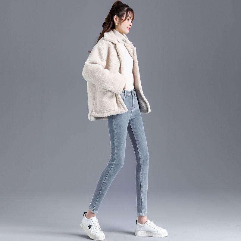 Jeans épais en polaire pour femme, nouveau, taille haute, chauds et fins, élastiques, serrés, polyvalents, pantalon crayon, hiver