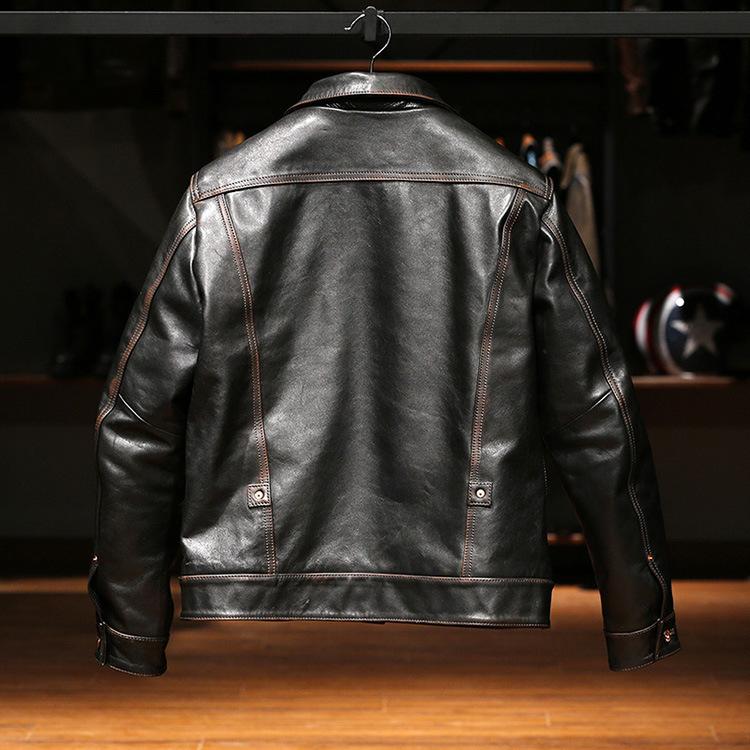 Retro casual denim tea core cowhide leather jacket men's lapel casual Ami Kaji leather jacket