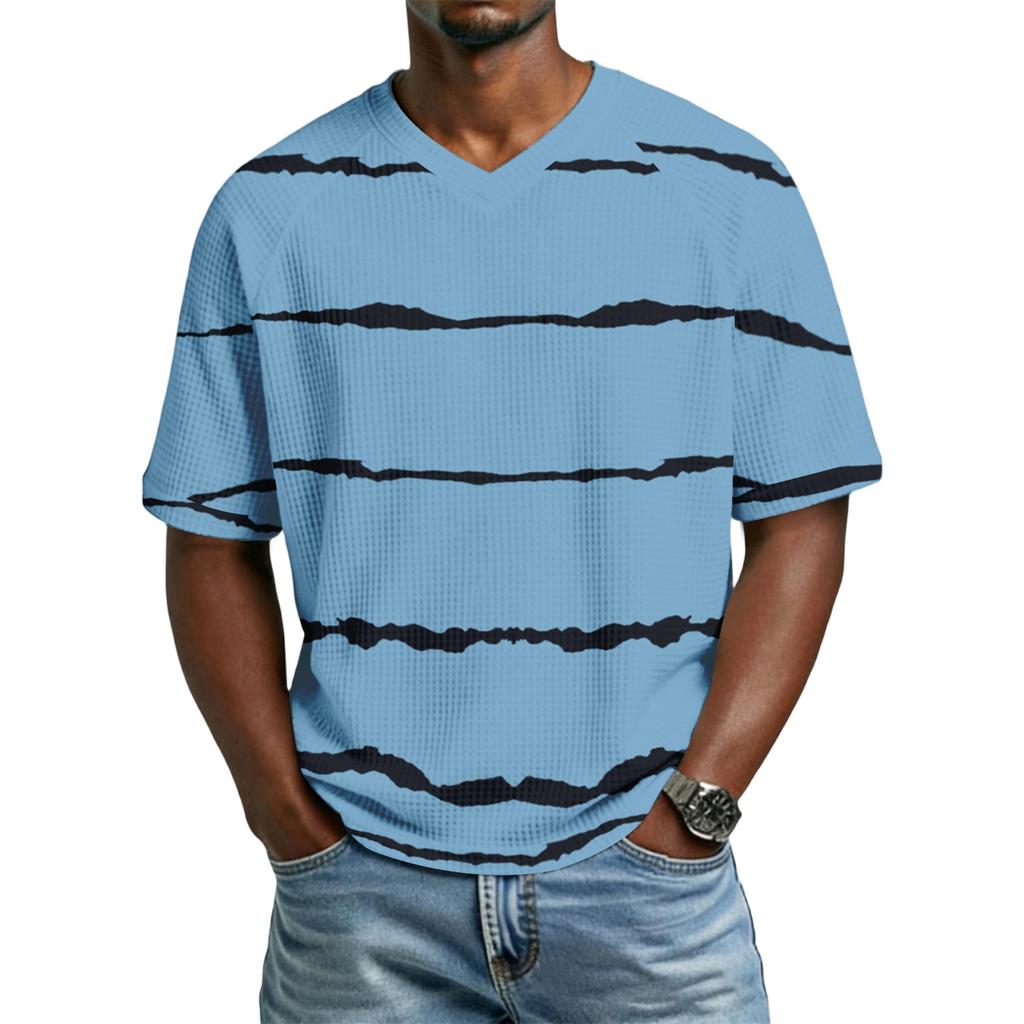 Men's Casual Stylish Striped Texture Printed Short-sleeved Shirt Men's Breathable V-neck Short-sleeved Top