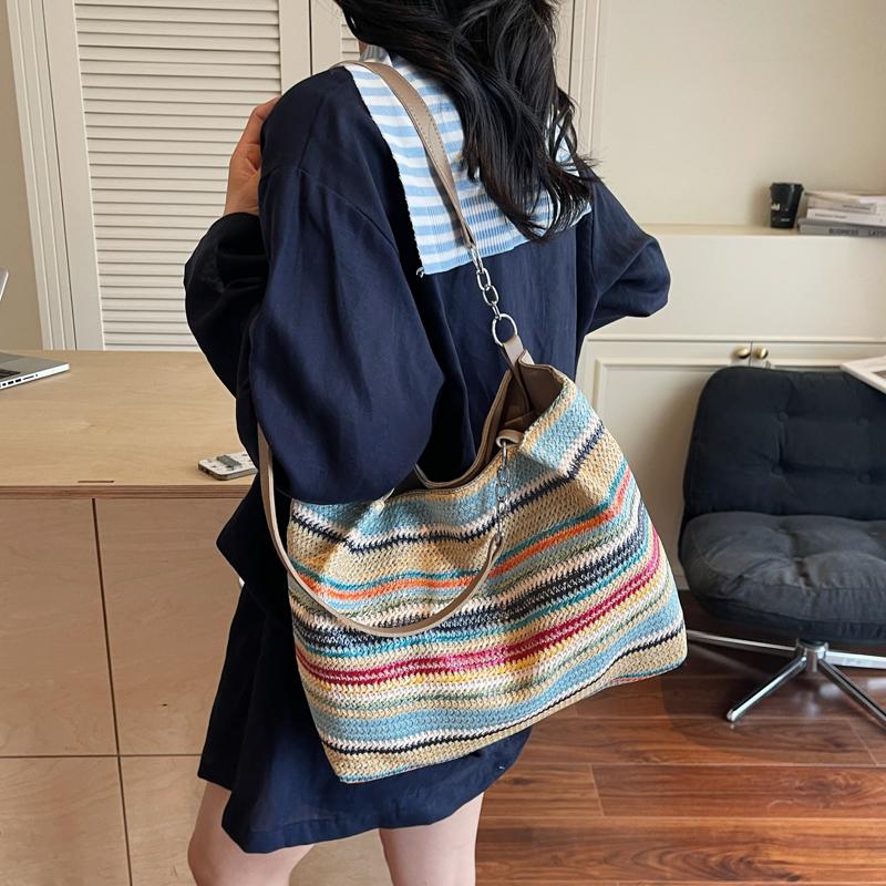 Seaside Holiday Beach Bag Women's Large Capacity Striped Straw Tote Bag