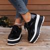 Large size thick-soled muffin shoes women's autumn and winter new lace-up square head patent leather thick-soled wedge heel heightening shoes
