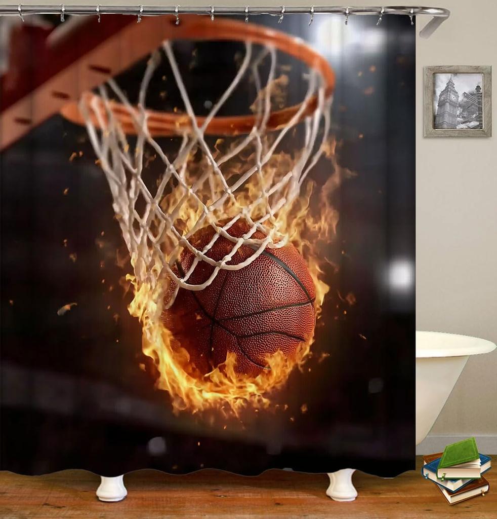 Basketball Shower Curtain For Boys Teen Ball Sports Bath Curtain Waterproof Fabric Bathroom Accessories With Hooks