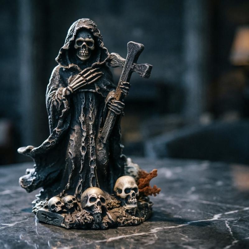 Dunkle Kapuzen-Totenkopf-Figur zur Regaldekoration, 15 cm hoch, saisonaler Raumakzent für Eingangsbereich, Wohnzimmer und Party-Dekoration