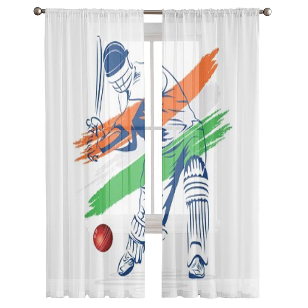 Abstract Cricket Player Hi The Ball Design By Brush Stroke Vector Tulle Sheer Curtains for Living Room Voile Organza Curtain