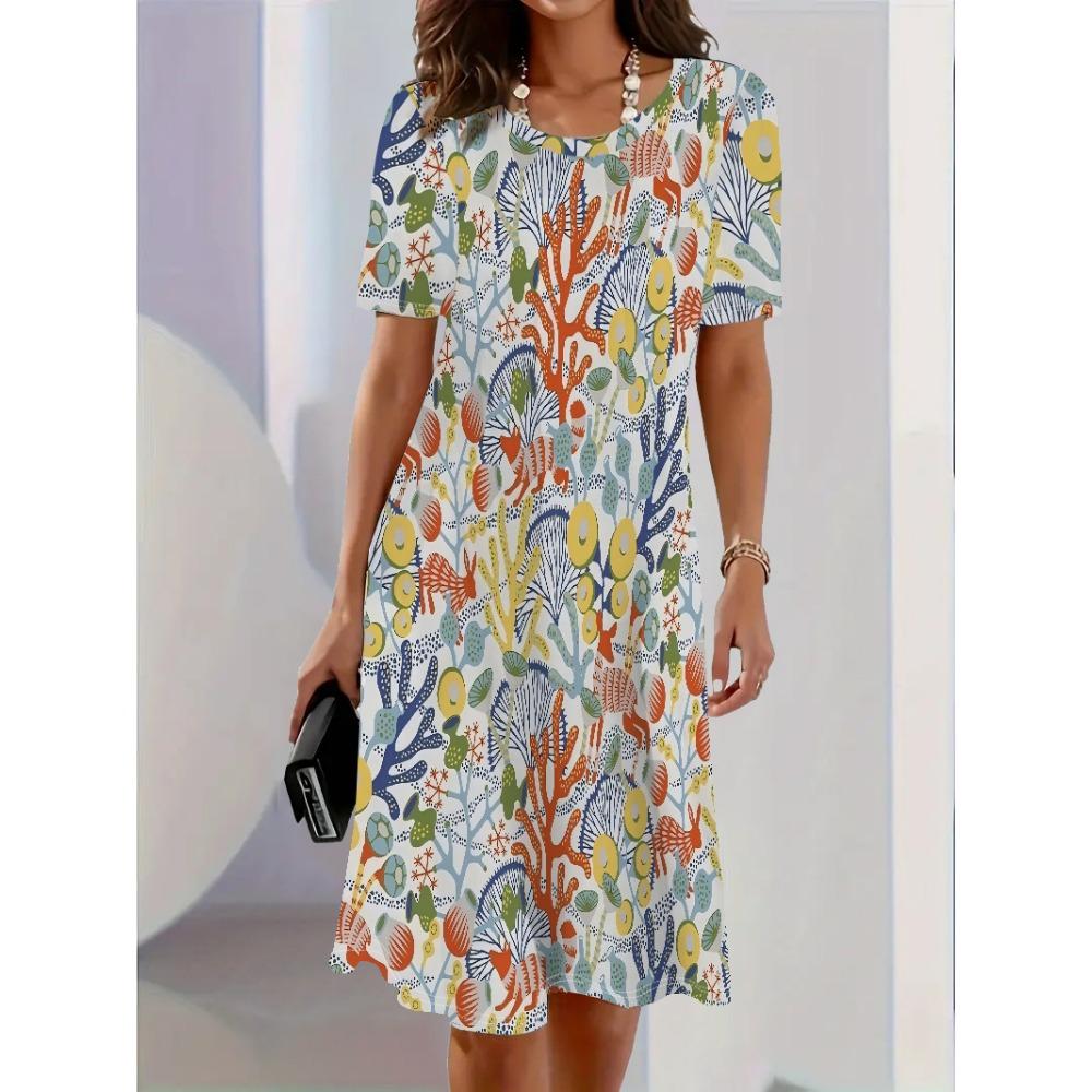 Women Dress Fashion Flower Pattern Printing Summer New Temperament Elegant Casual Women A-Line Dress Short Sleeve Mini Dress