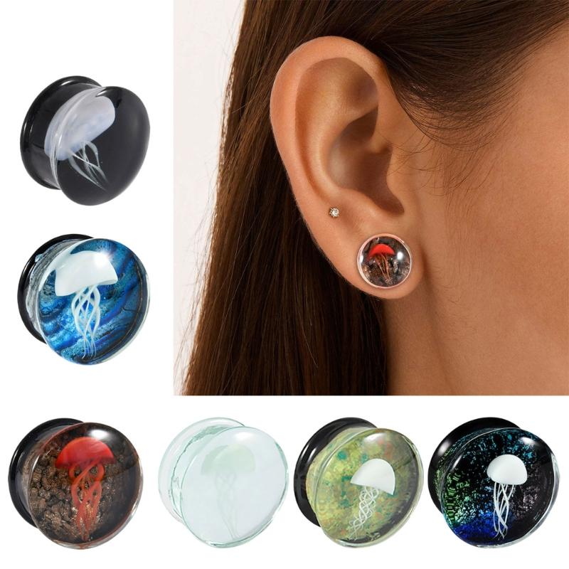 Unique Jellyfish Pattern Glass Ear Stretcher Handcrafted Expander Body Piercings Suitable for Comfortable All Day Wear