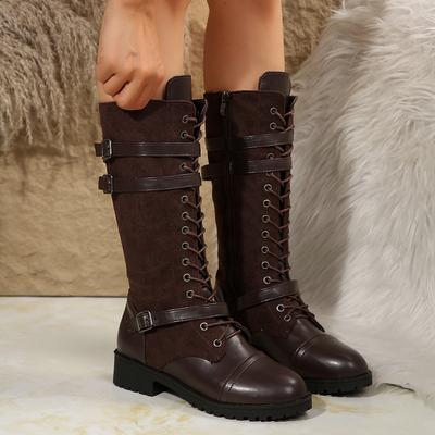 Knee High Women Boots Autumn Woman Shoes Lace Up Vintage PU Splicing Sexy Belt Buckle Cowboy Botas Retro Ladies Long Knigh Boots