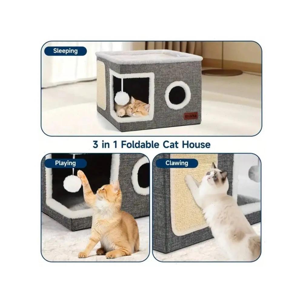 4-Season Multi-Level Cat House: Foldable Indoor Play Cube with 2-Layer Bed, Toy Tunnel, Scratching Board,