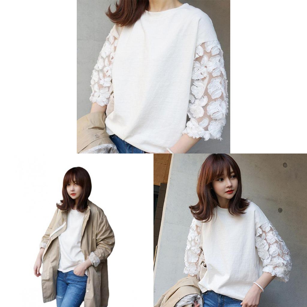 Cotton Summer Lace Short Sleeve Tshirt For Women With Round Neck And Casual Style