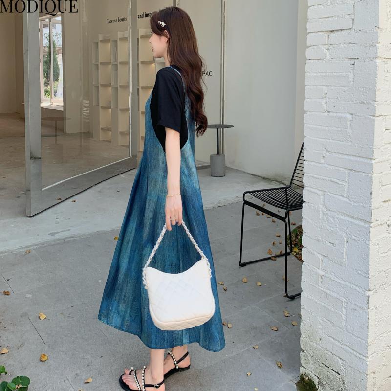 MODIQUE Summer Plus Size New Women Loose Tie-Dye Patchwork V-Neck Mock Two-Piece Long Dress Female Casual Short Sleeve O-Neck Dresses