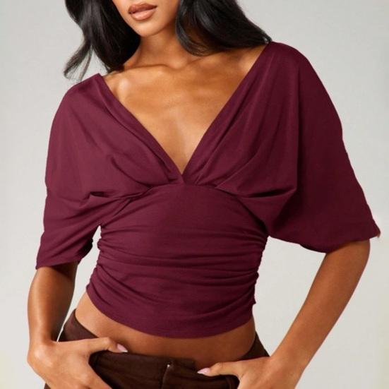 Women Tops Puff Sleeves V Neck Slim Fit Pleated Waist Pullover Tops Pure Color Summer Short Tops Daily Wear