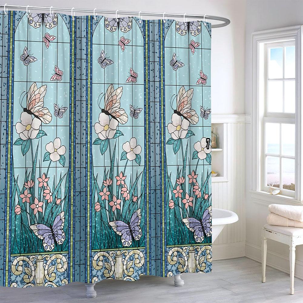 Monika Chen Green Garden Shower Curtain Colorful Butterfly Floral Shower Curtain Set For Bathroom Modern Design Bath Curtains Bathroom Decor