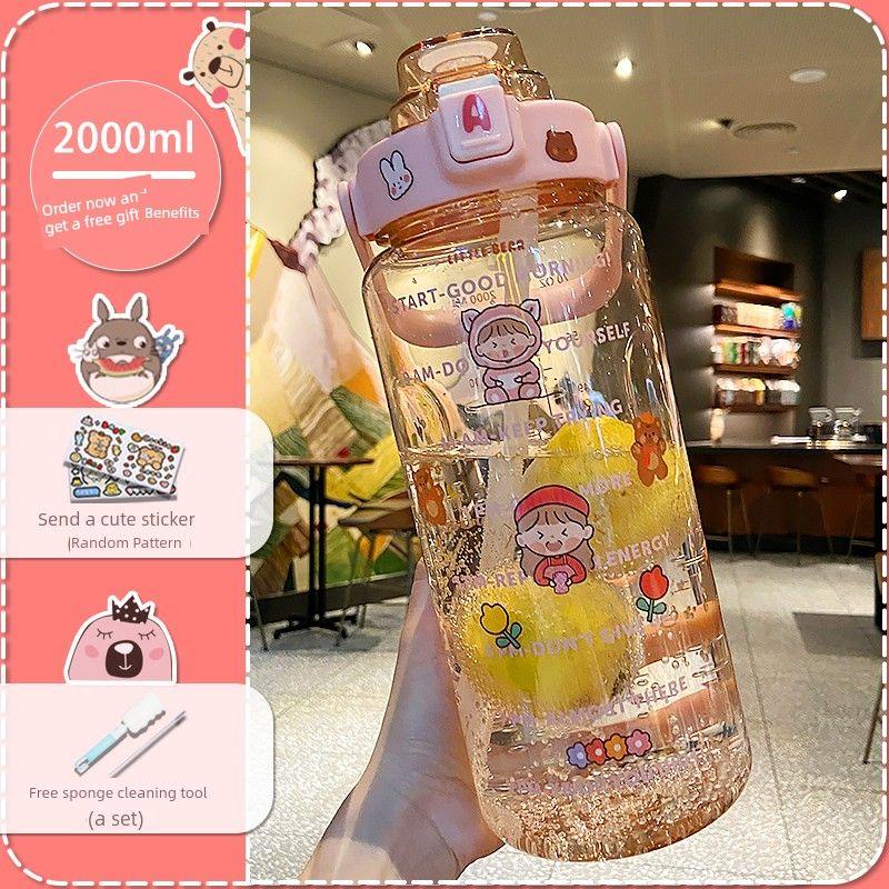 

Japan Large Capacity Vacuum Cup Women Good-looking 316 Stainless Steel Straw Water Cup Boys and Girls Sports Kettle Pink 2000Ml-Plastic Type