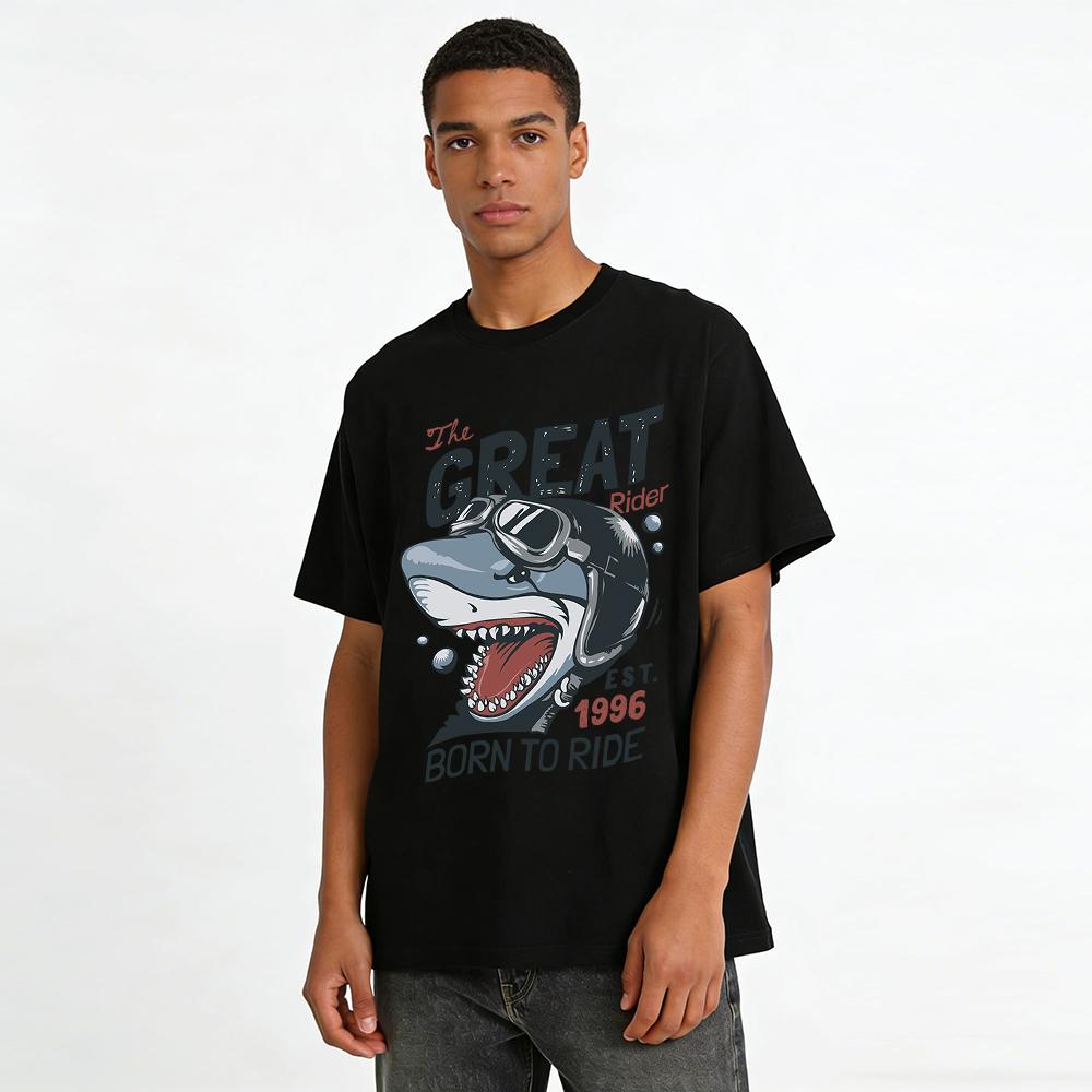 Born To Ride Great Shark Rider Print Casual Tee EST 1996 Pure Cotton T-shirt