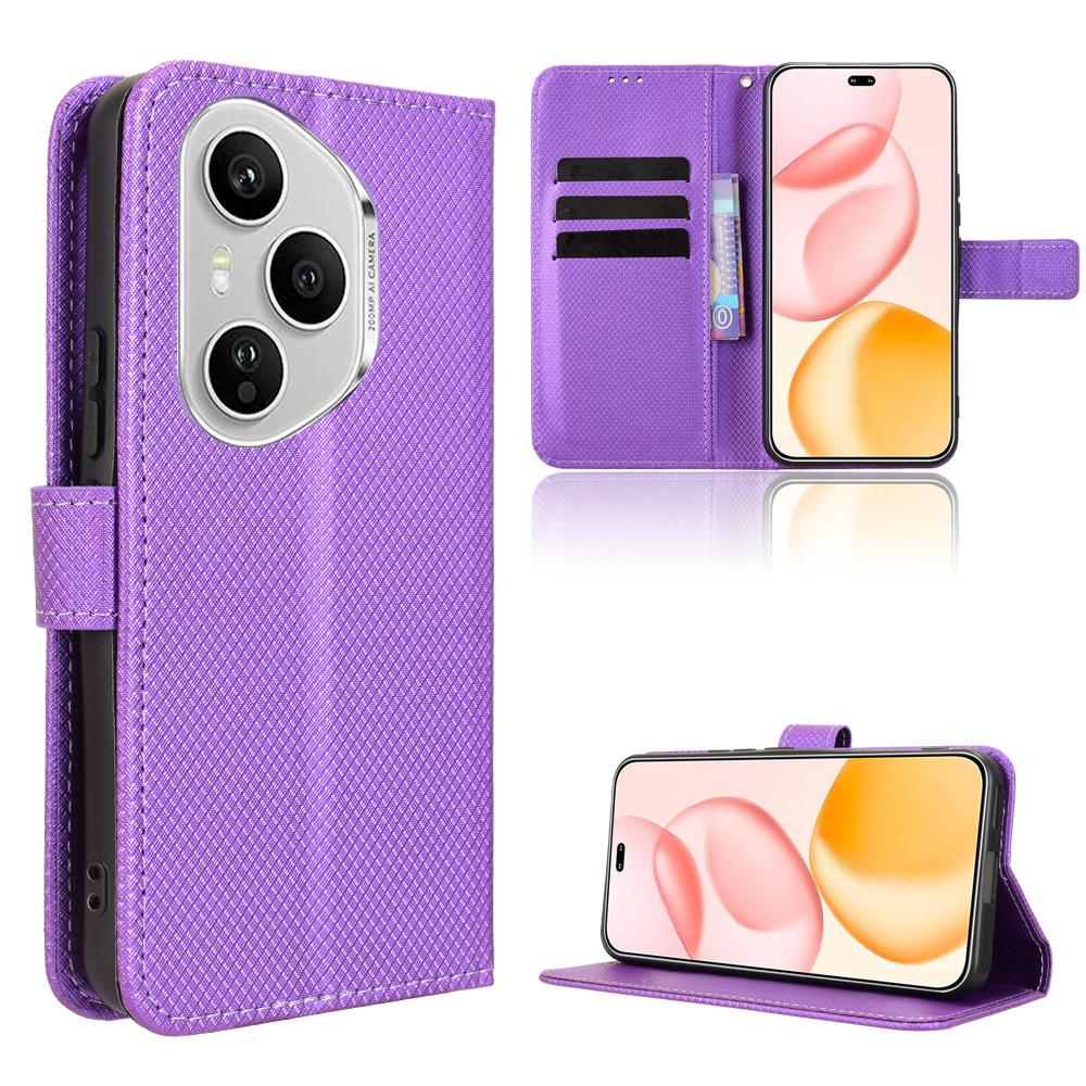 

Для Honor 400 Pro 5G (Глобальный) Кожаный чехол-кошелек с ремешком, ромбовидная текстура, чехол для телефона Purple